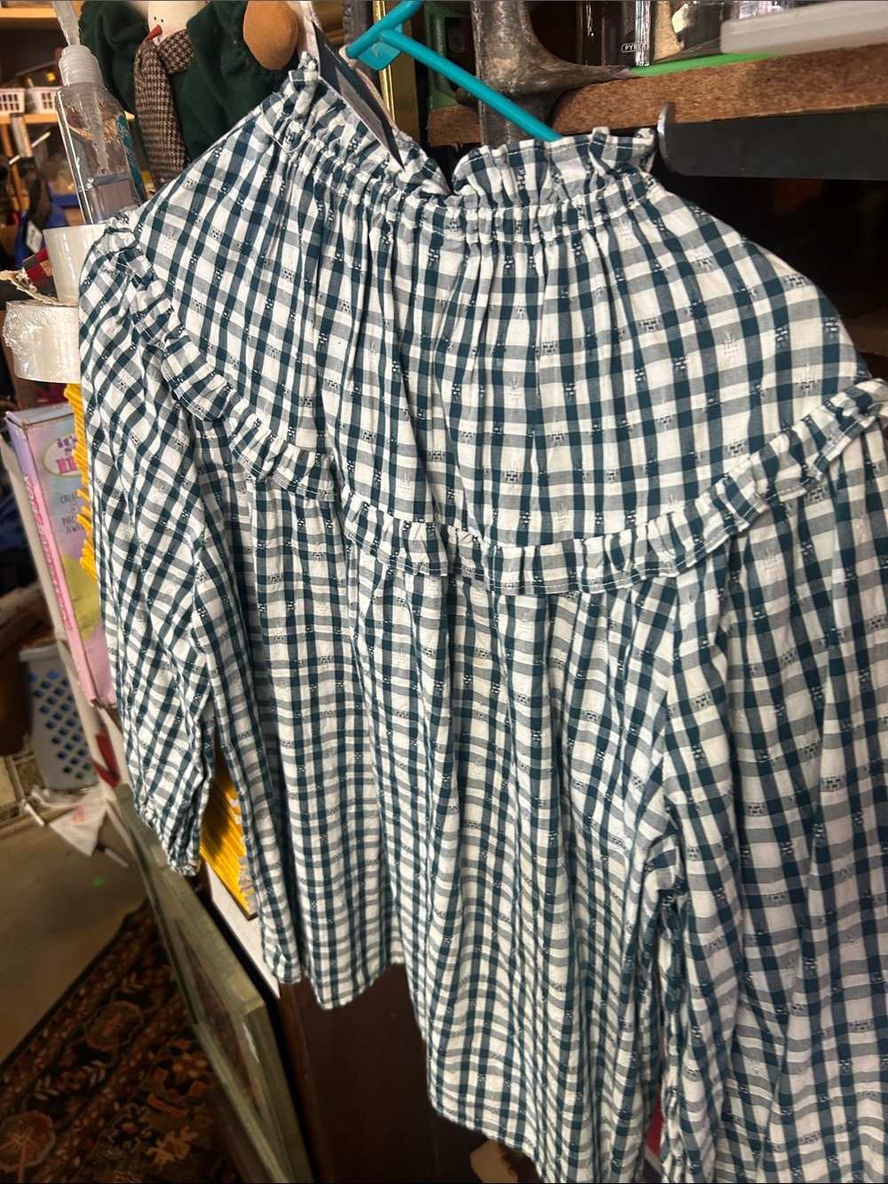 Girls Green & White Gingham Ruffle Blouse